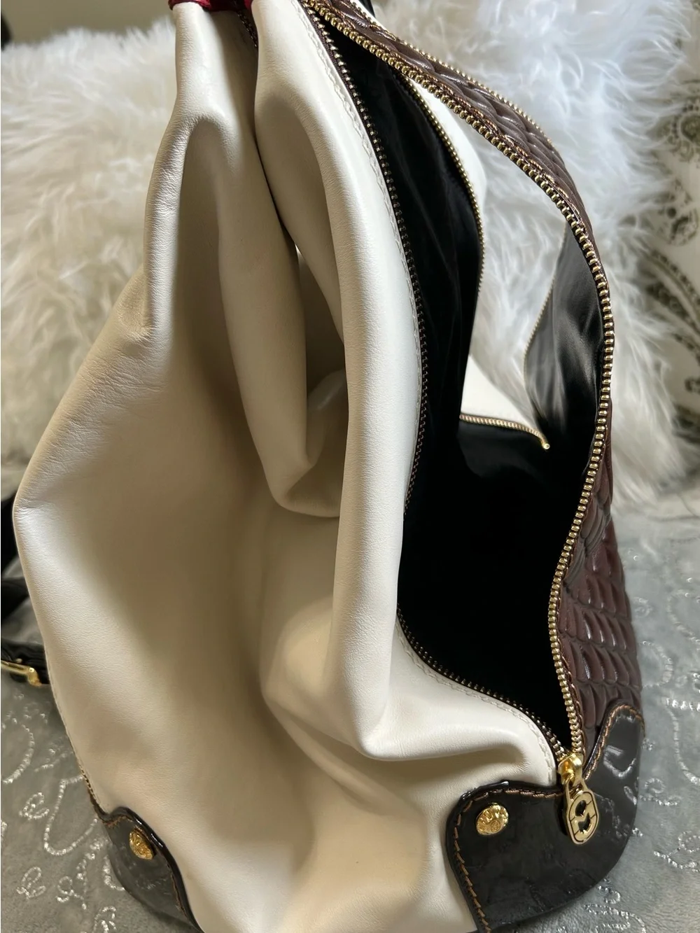 NWT Marino Orlandi Two-Tone White & Brown Leather Backpack with Red Accent